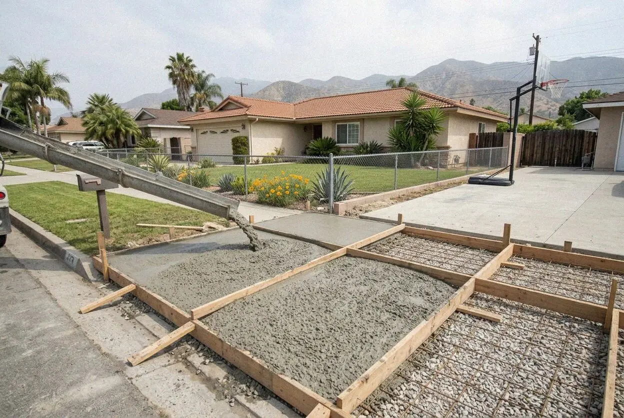 Pouring and leveling a concrete driveway slab in Azusa, CA