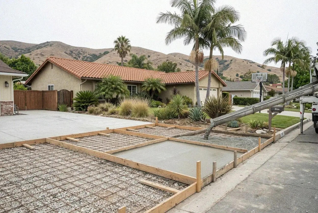 Concrete crew leveling a reinforced patio slab in Brea, CA