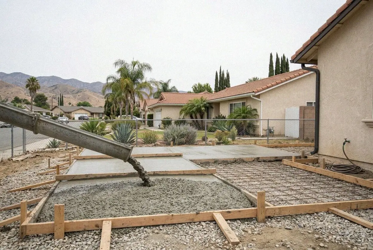 Pouring and finishing a reinforced concrete slab in Chino