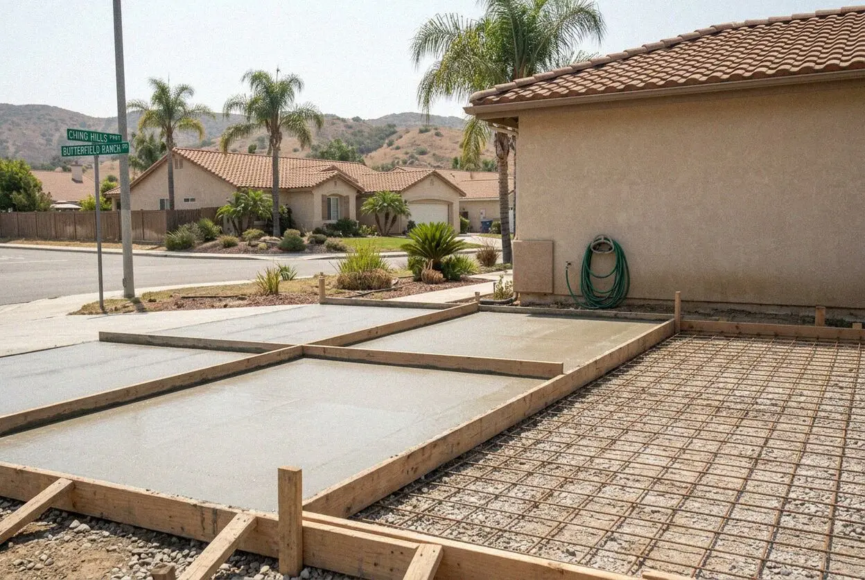 Pouring a reinforced concrete hillside driveway in Chino Hills