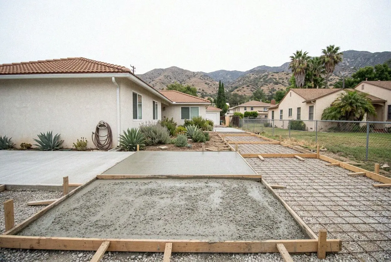 Concrete crew leveling a new driveway slab in Claremont