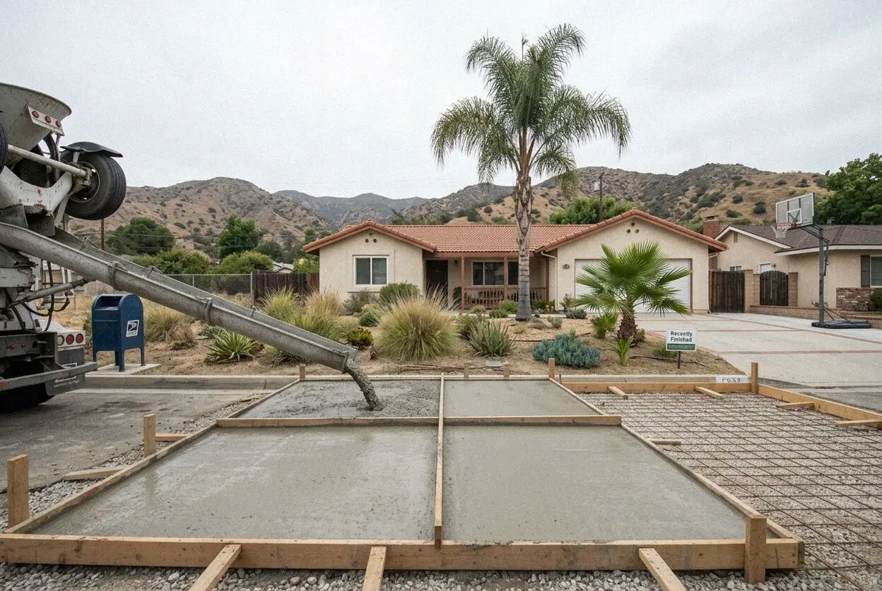 Paving a reinforced residential concrete driveway in Covina