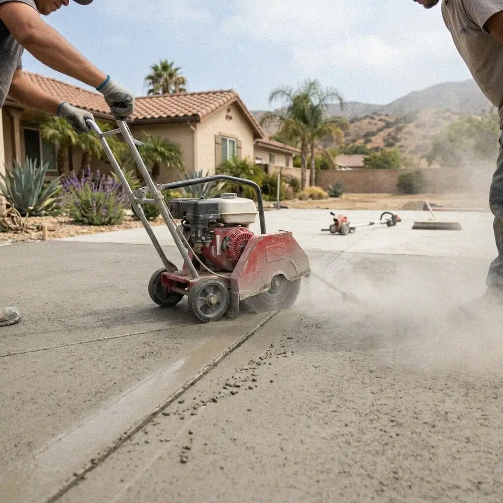 Operator running a track saw along a concrete footing in Pomona