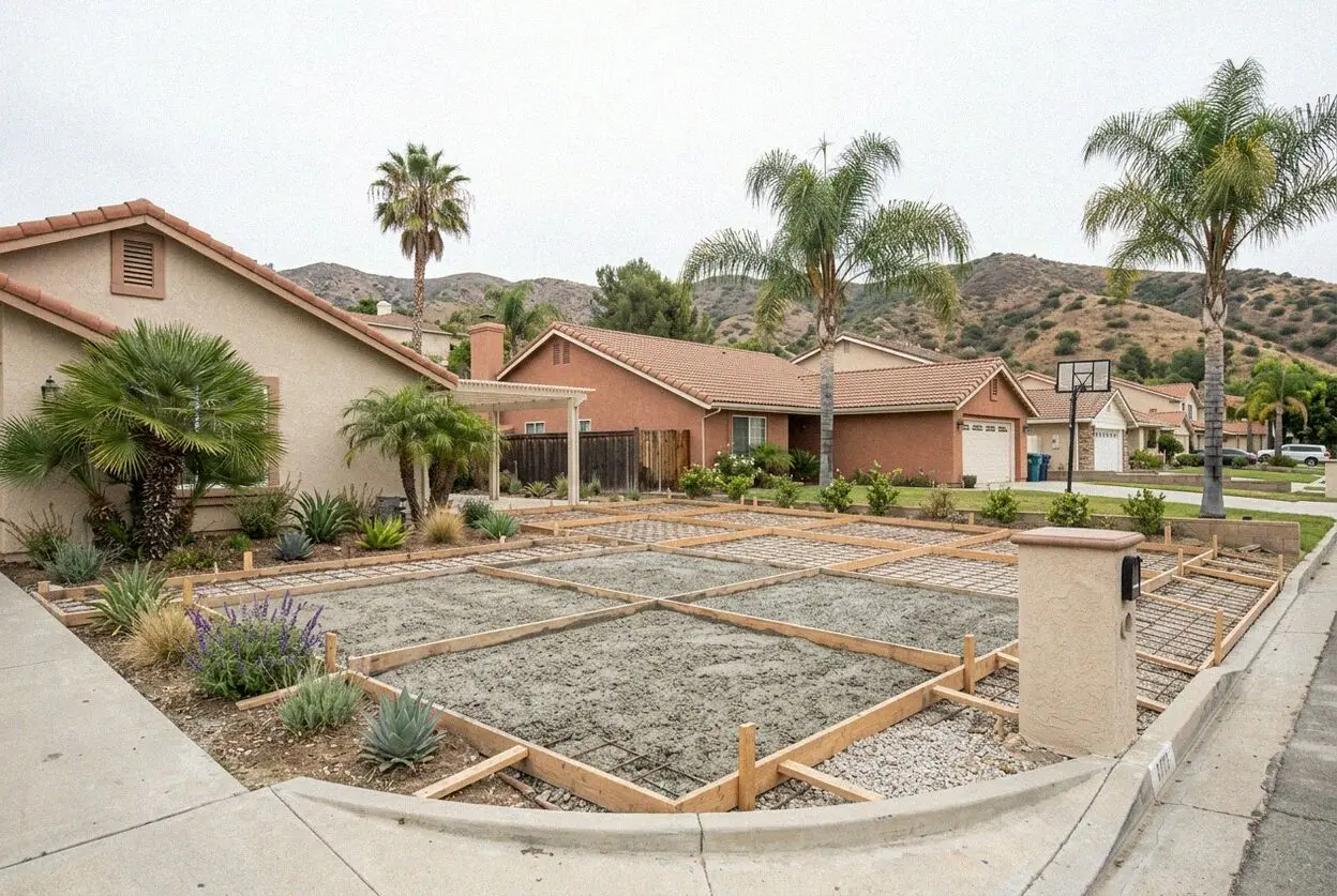 Pouring a reinforced concrete patio slab in Diamond Bar, CA