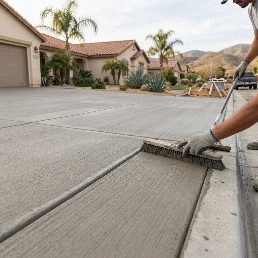 Finished brushed concrete driveway outside a mid-century home in Pomona