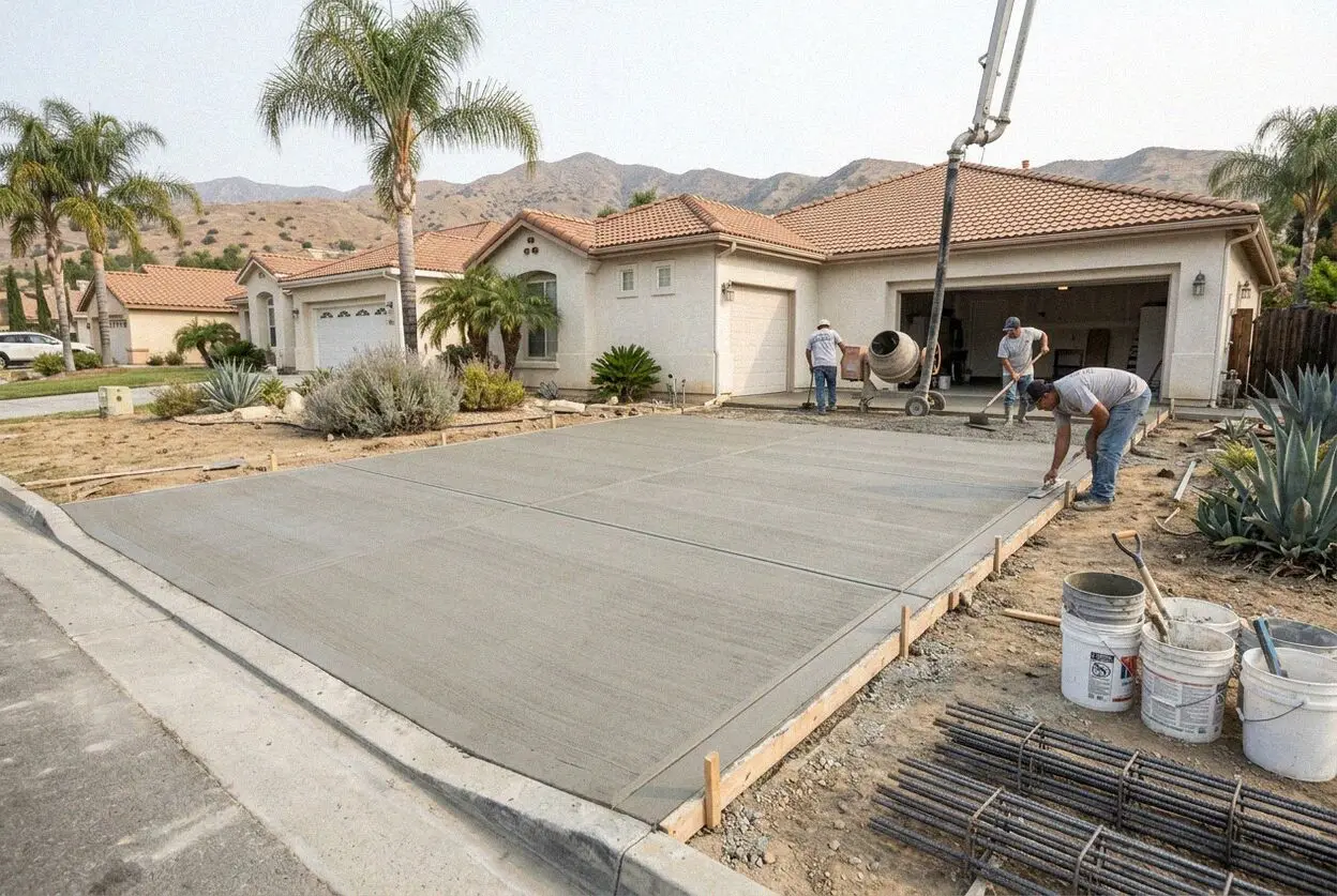 Crew screeding freshly poured concrete driveway at a Pomona residence