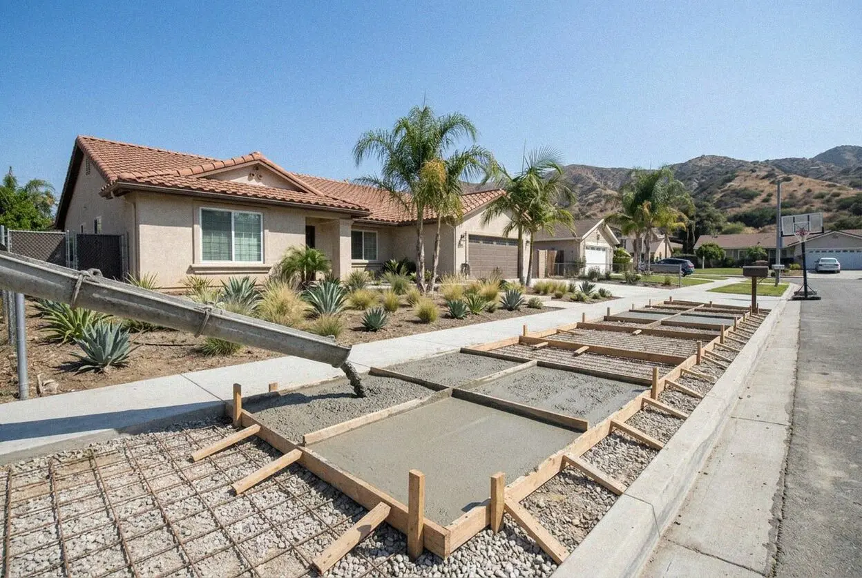 Concrete crew screeding a Duarte driveway slab near the foothills