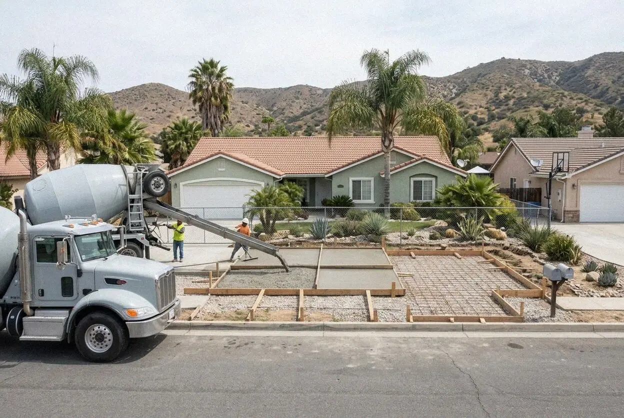 Concrete crew leveling aggregate base for an Eastvale slab