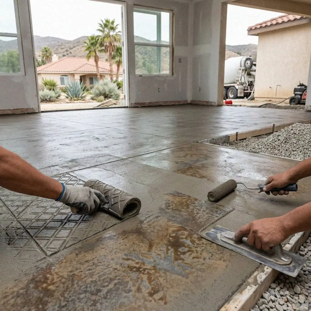 Crew smoothing an interior concrete floor slab inside a Pomona home