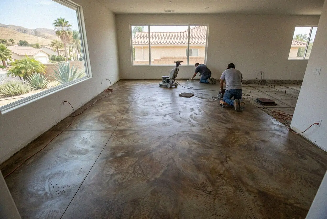 Concrete floor pour under way inside a Pomona residential addition