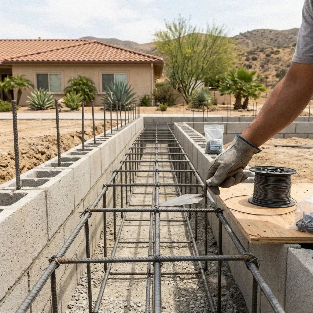 Finished concrete footing with anchor bolts at a Pomona property