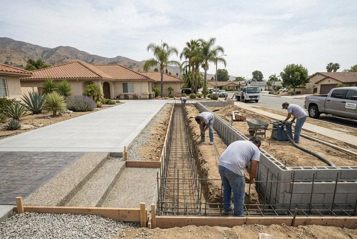 Pouring concrete into trench forms for footings at a Pomona home