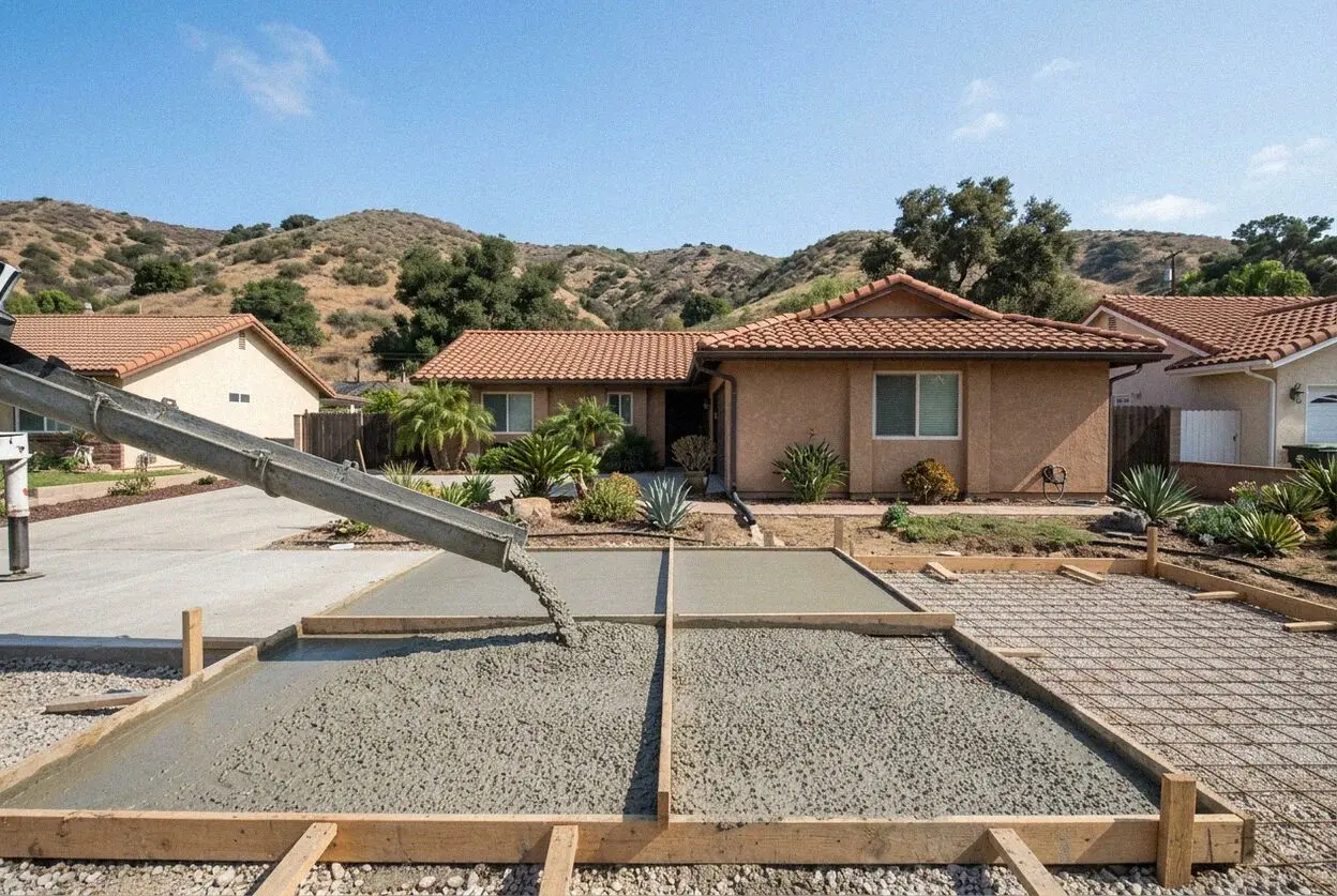 Pouring concrete for a hillside driveway in La Habra Heights