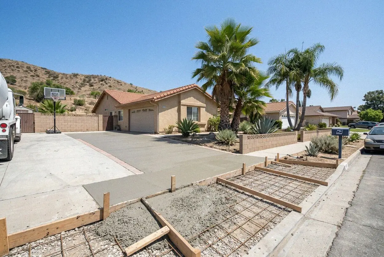 Pouring and finishing a new concrete driveway in La Puente