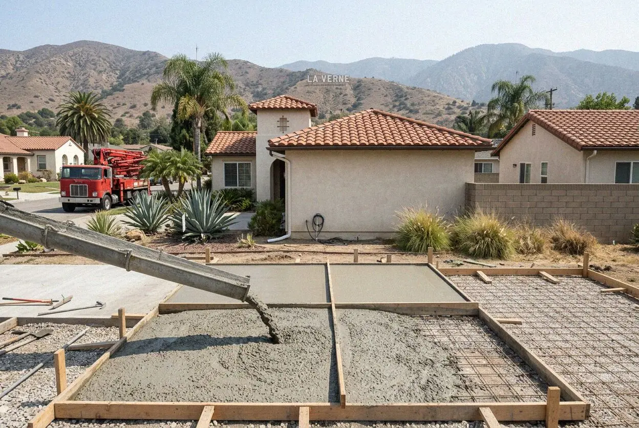 Pouring a reinforced concrete driveway on a La Verne street