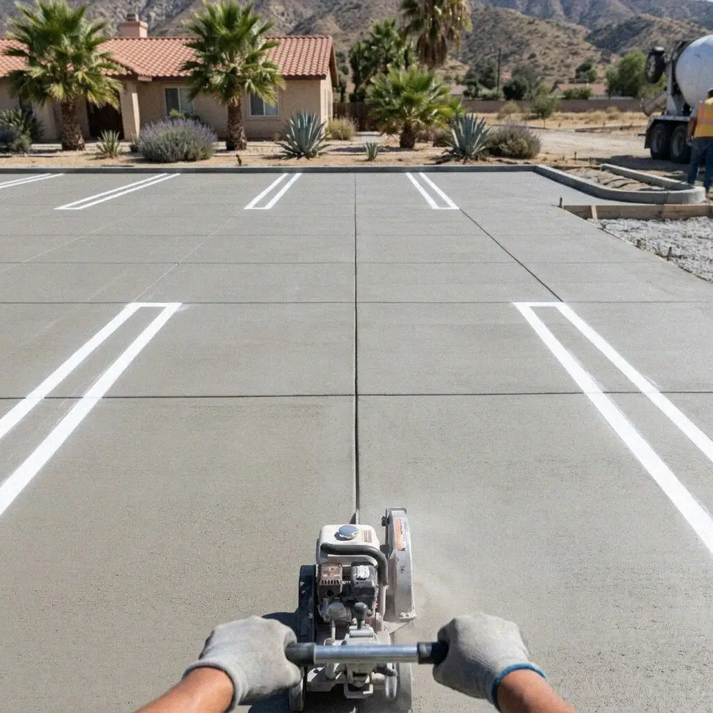 Finished commercial concrete parking lot with painted stalls in Pomona