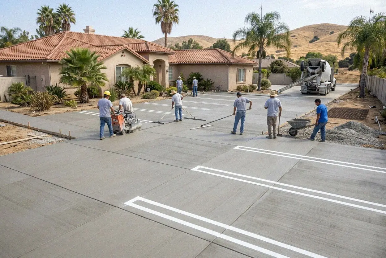 Pouring a reinforced concrete parking lot at a Pomona commercial site