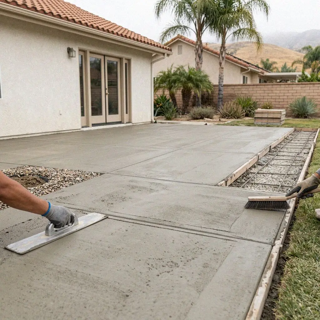 A finished broom concrete patio behind a home in Pomona.