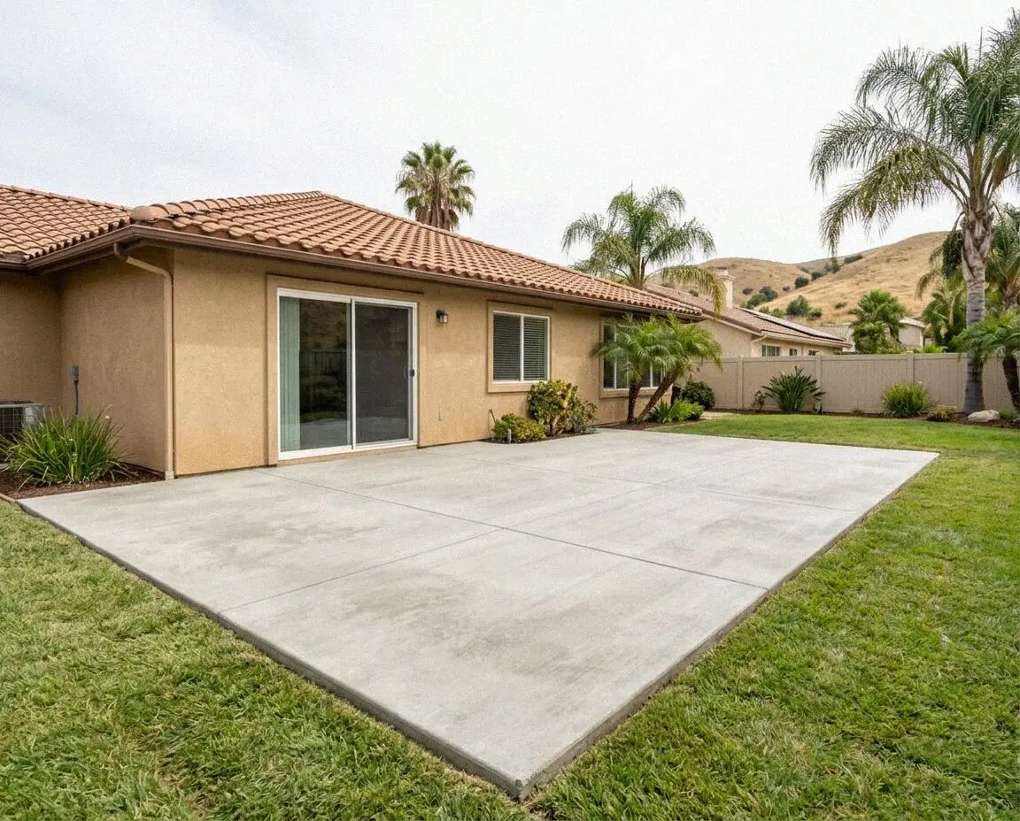A newly finished brushed concrete patio behind a home in Pomona.