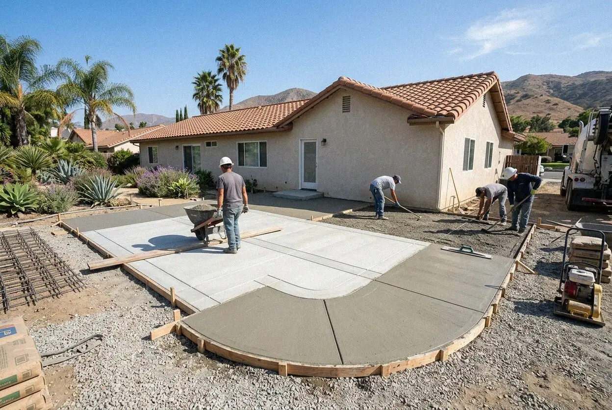 Pouring and screeding a concrete backyard patio at a home in Pomona.