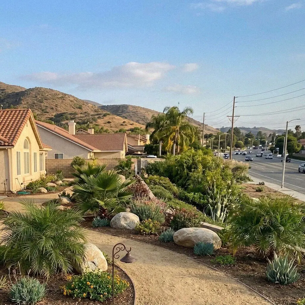 Residential neighborhood street and concrete driveways in Pomona