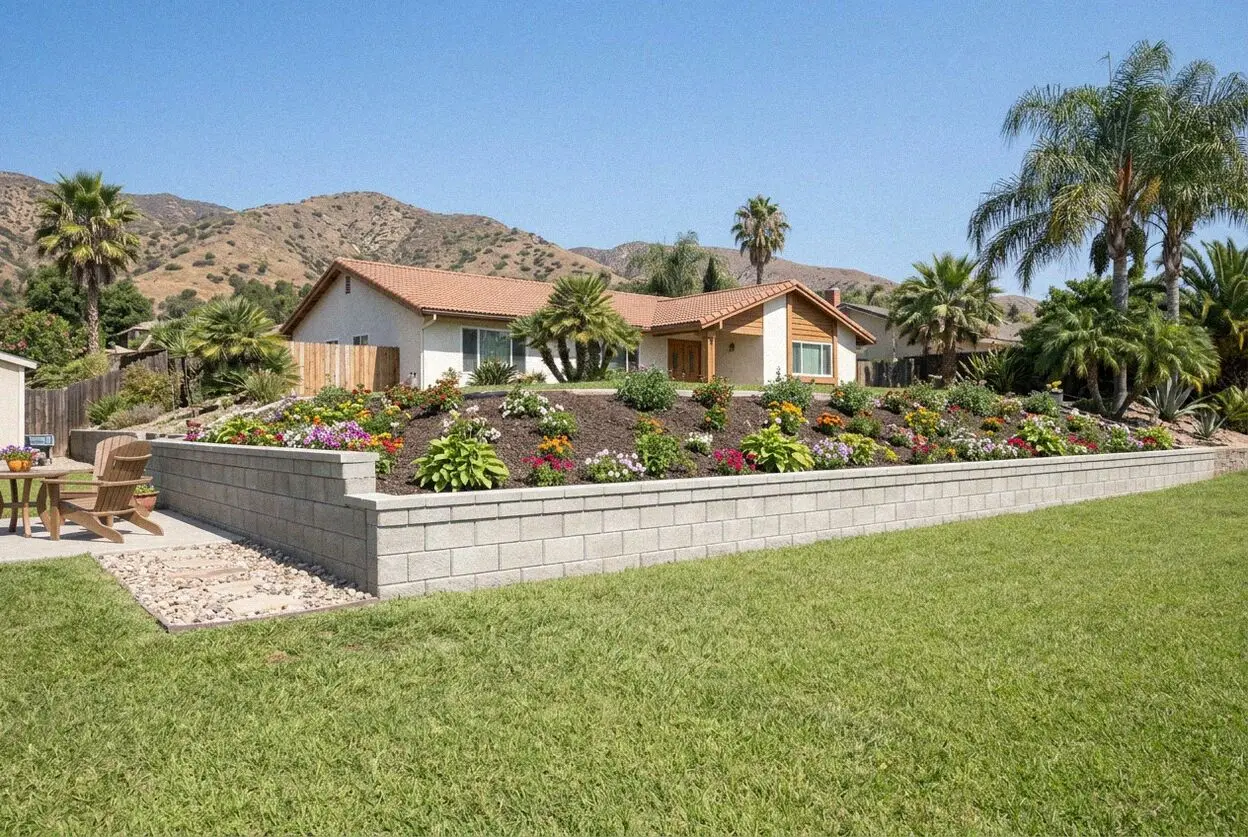 Poured concrete retaining wall on a hillside lot in Pomona