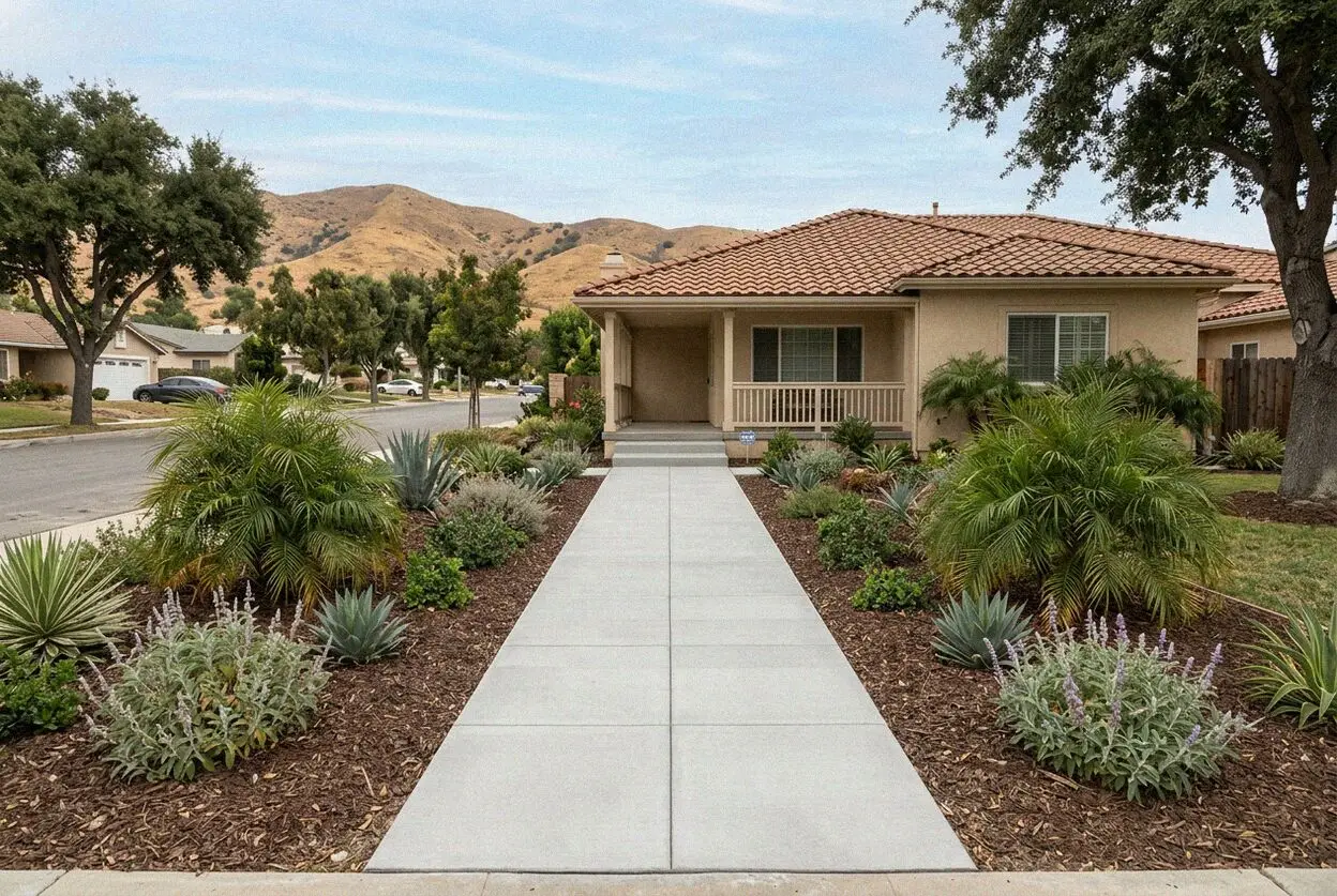 Replaced public sidewalk panels outside a Wilton Heights home in Pomona
