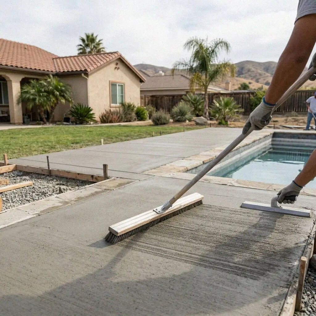 Completed concrete pool deck with broom finish at a Pomona residence