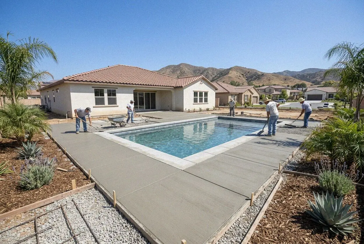 Fresh concrete pool deck with expansion joints at a home in Pomona