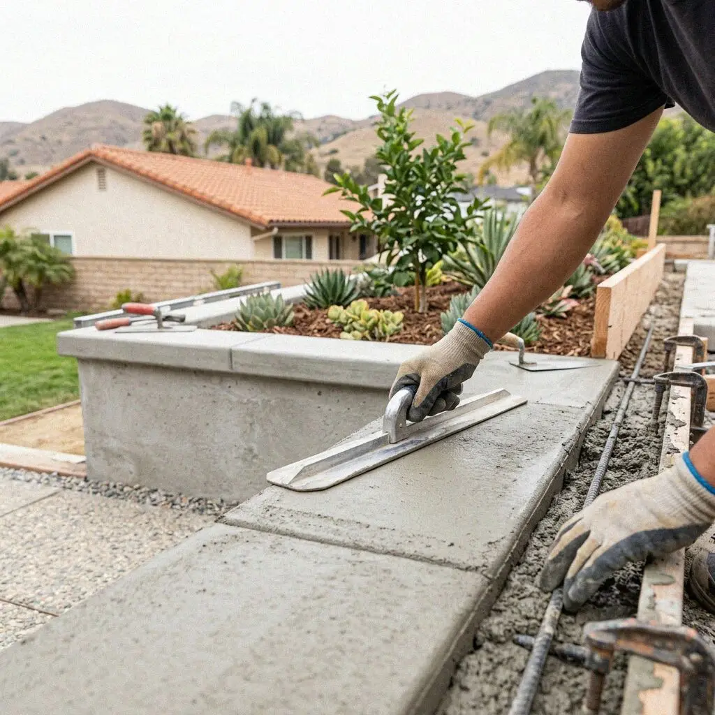 Finished concrete retaining wall stabilizing a raised backyard in Pomona