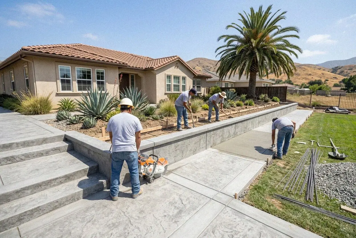 Forming and steel rebar installation for a hillside retaining wall in Pomona