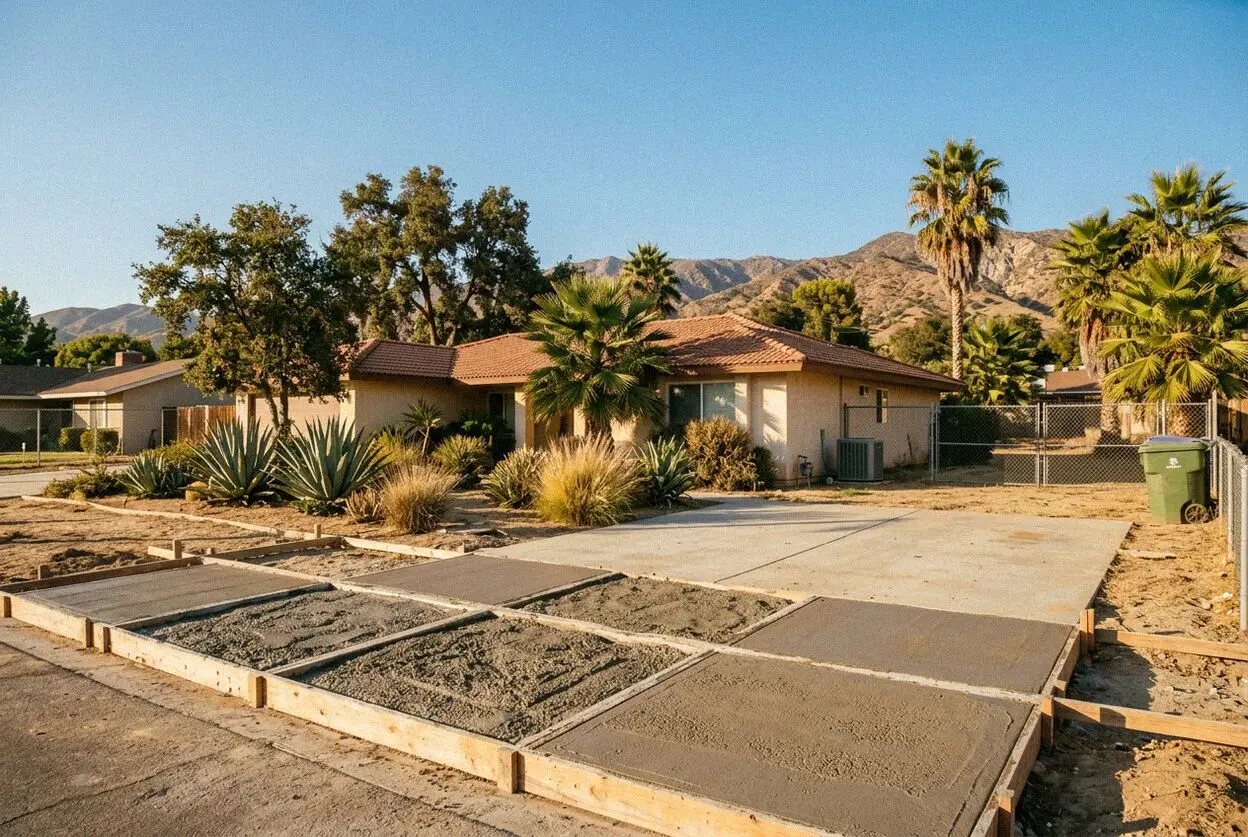 Crews placing reinforced concrete along a San Dimas driveway