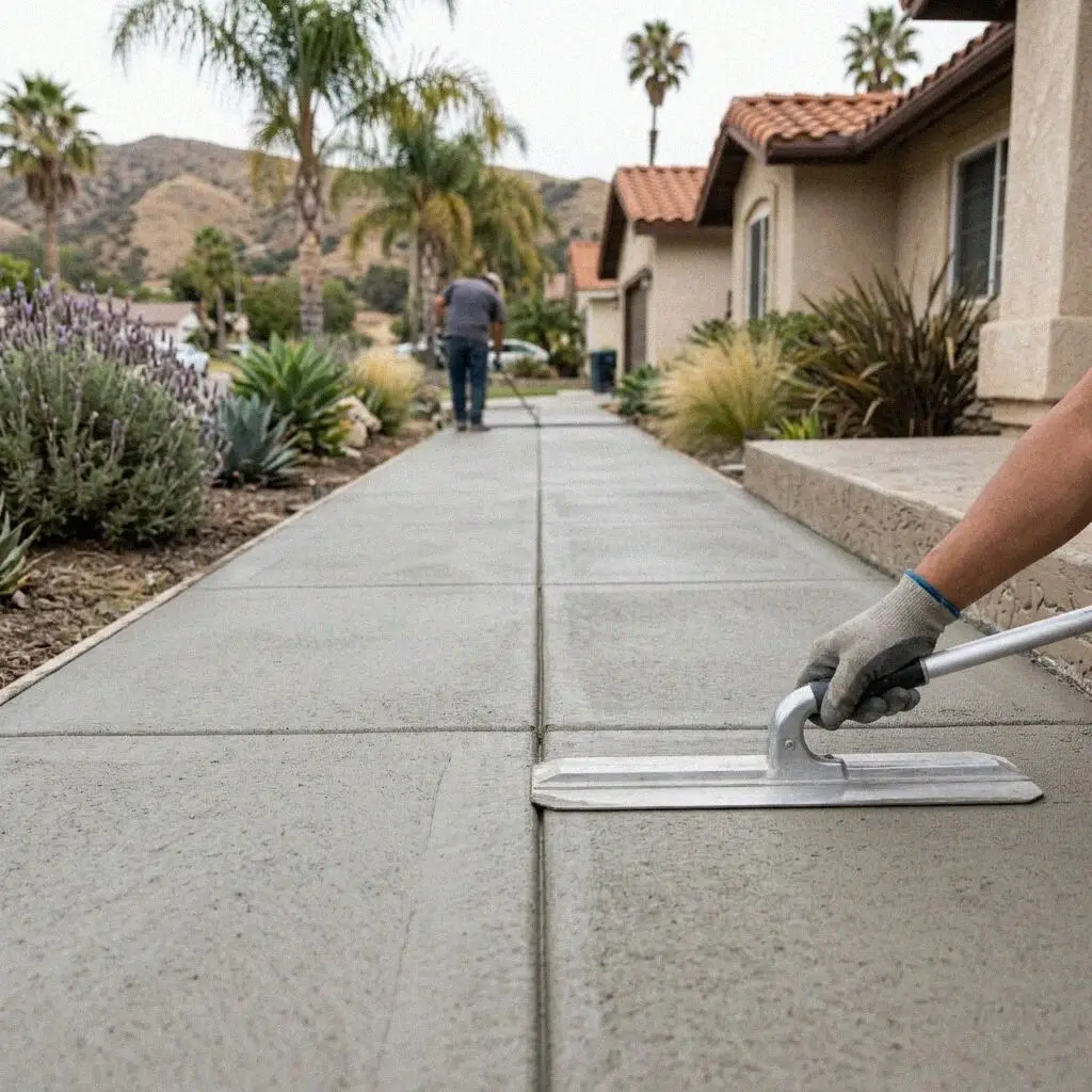 Finished broomed concrete sidewalk curving through a Pomona yard