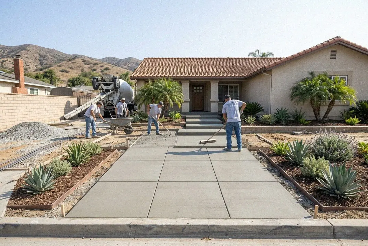 Crew forming and finishing a pedestrian concrete sidewalk in Pomona