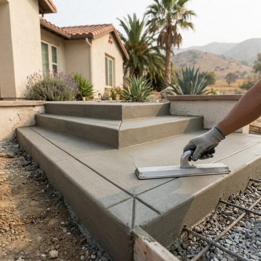 Completed front concrete porch steps with broom finish in Pomona