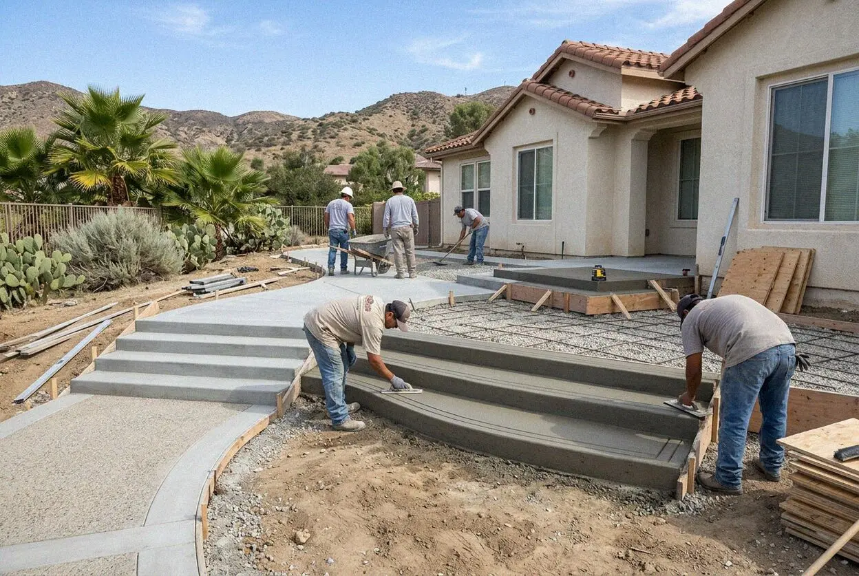 Crews forming new concrete front porch steps at a Pomona home
