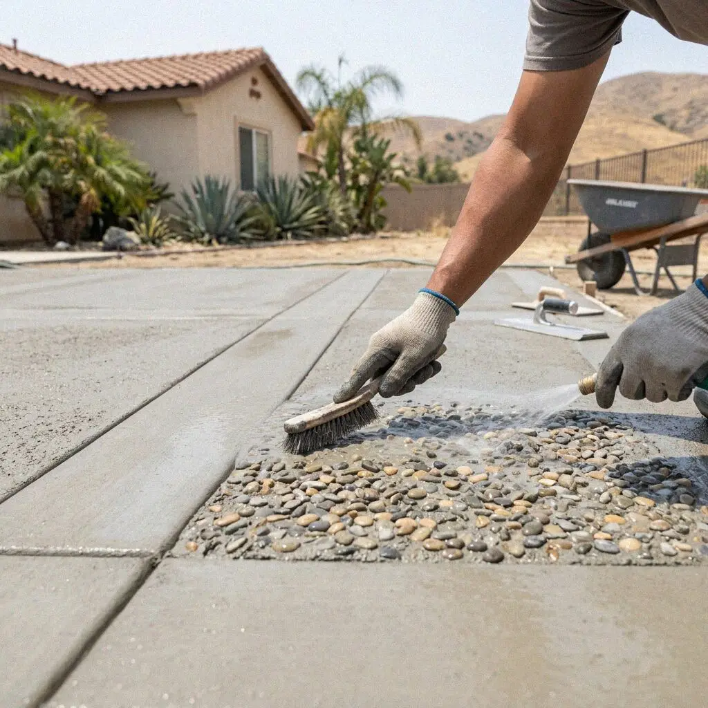 Completed ashlar slate stamped patio behind a residential Pomona home