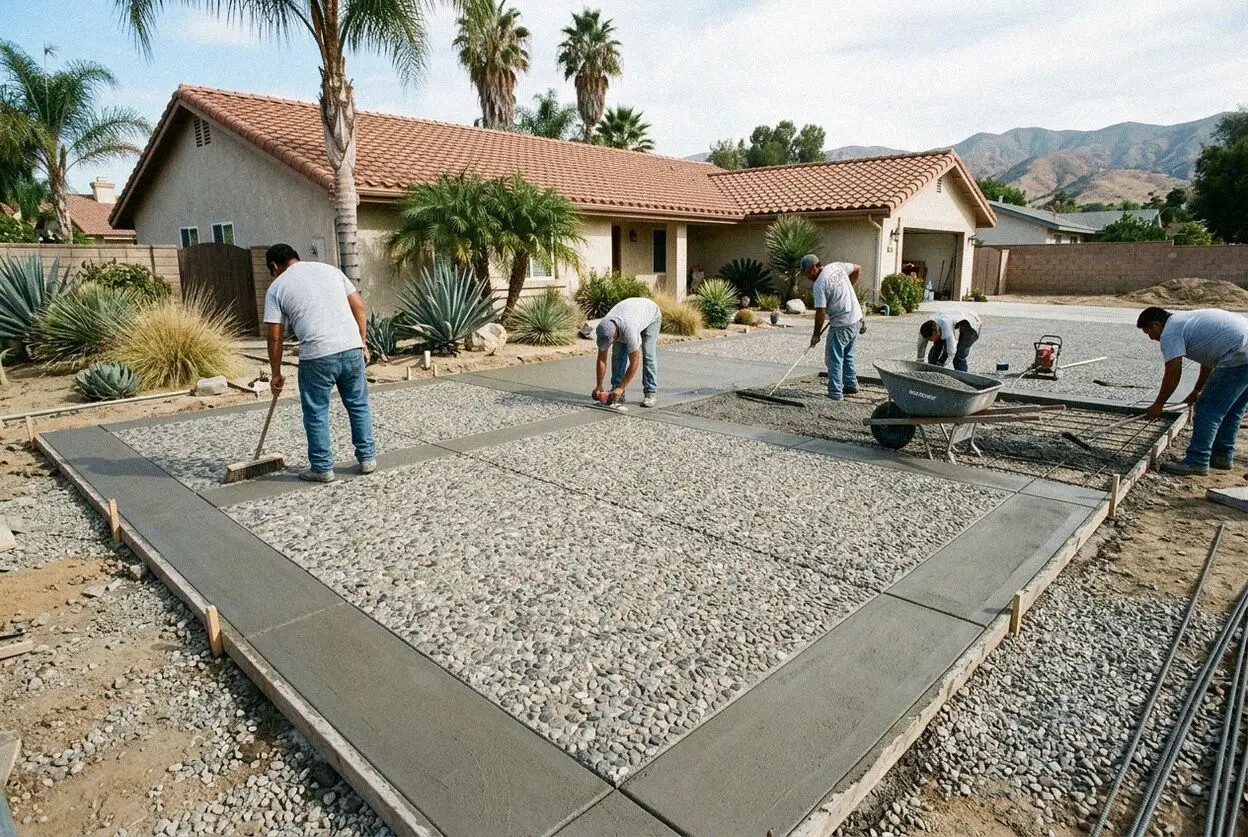 Crew stamping slate texture into fresh decorative concrete in Pomona