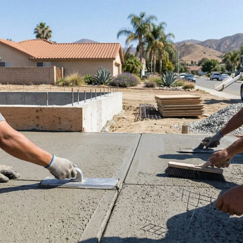 Crew leveling freshly poured concrete foundation footings in Pomona