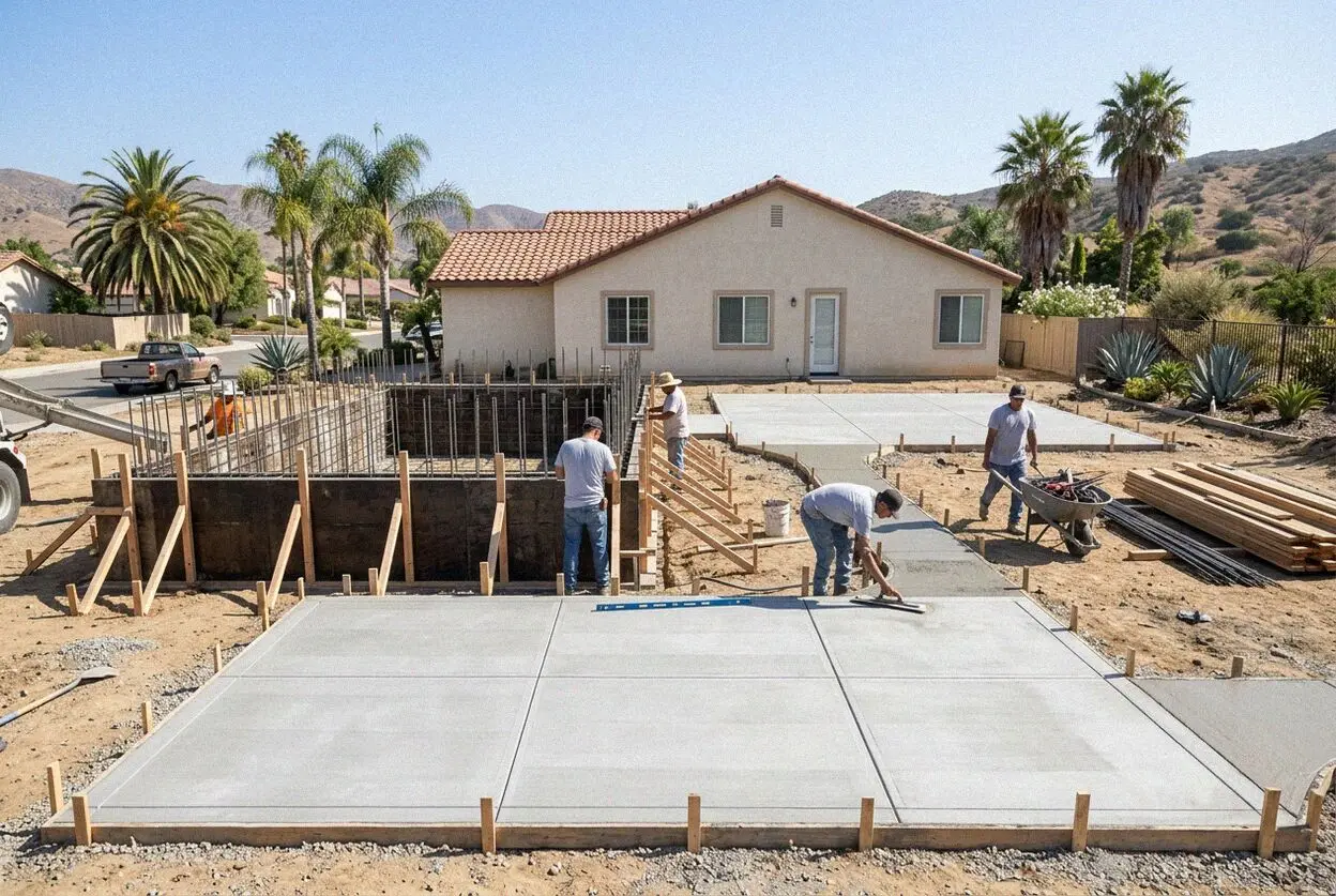 Setting foundation forms and steel rebar for a new build in Pomona