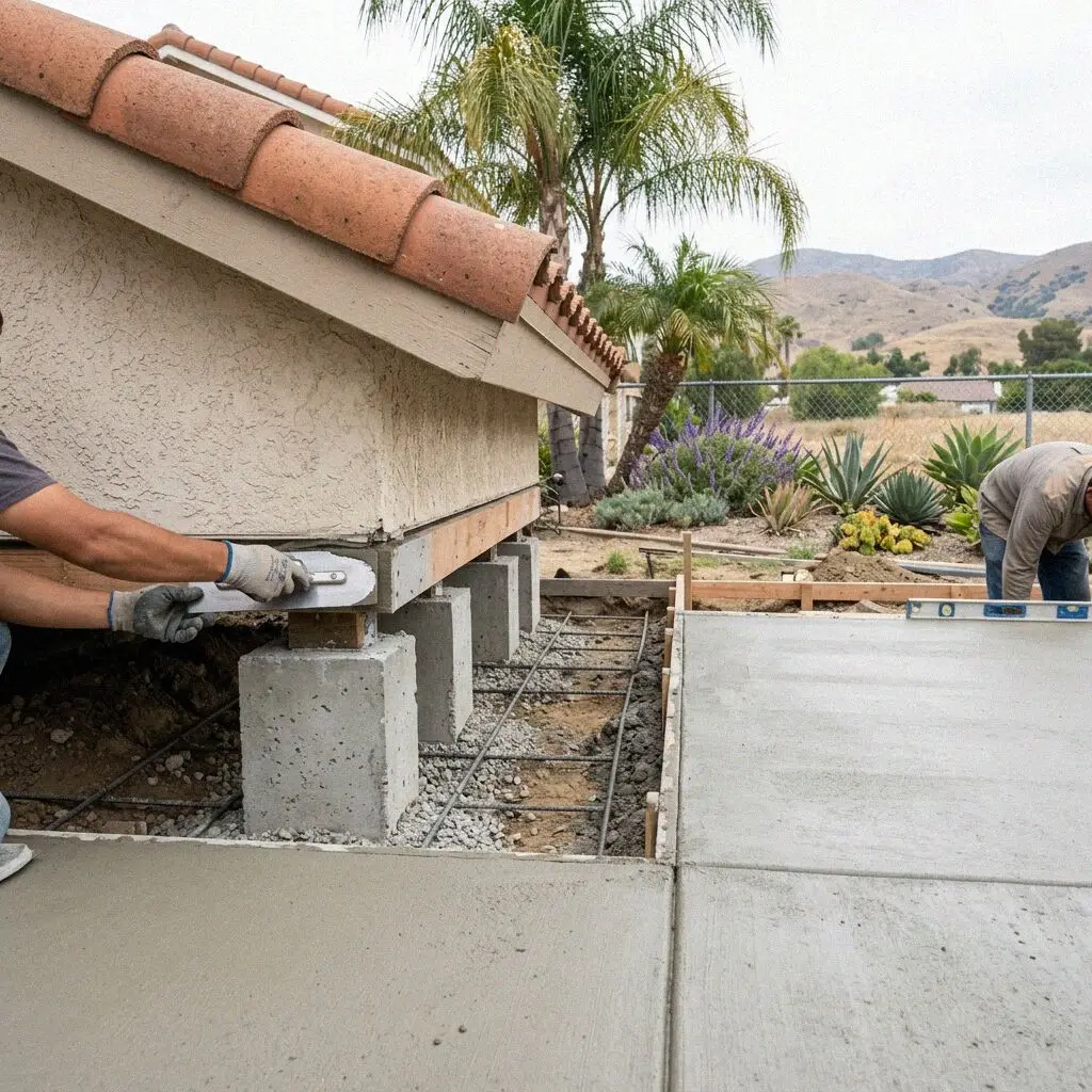 Hydraulic rams raising a concrete perimeter beam on a Pomona bungalow