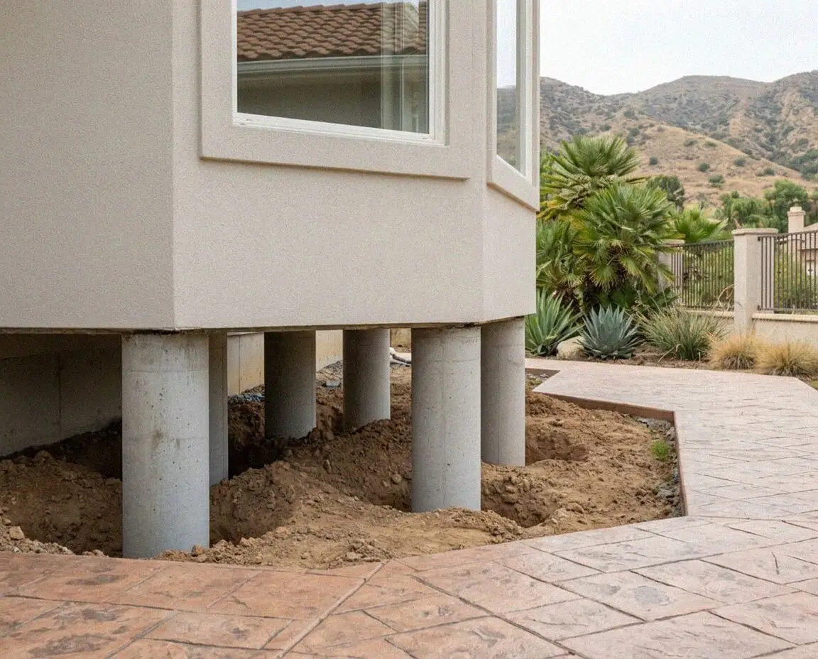Hydraulic jacks raising a cracked residential foundation in Pomona
