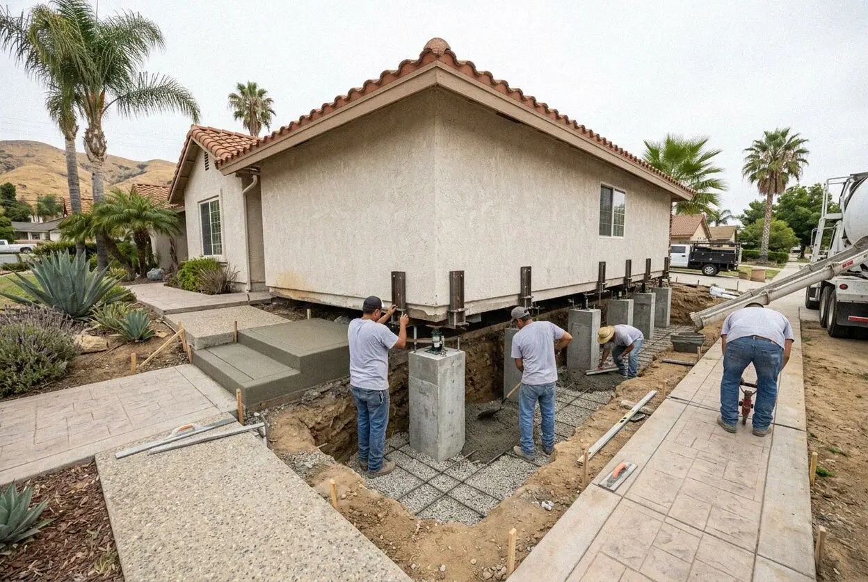 Underpinning brackets lifting a settled residential footing in Pomona