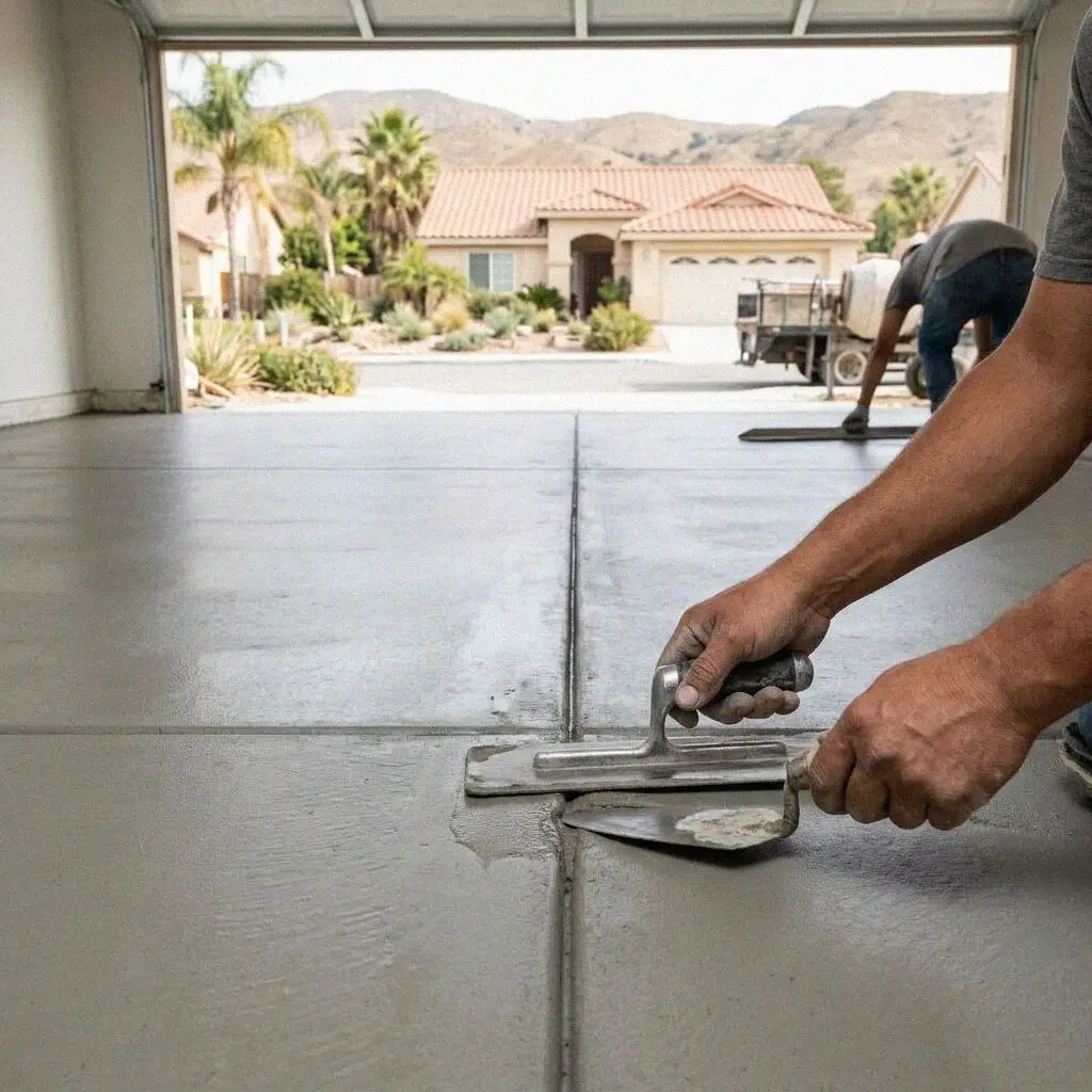 Finished smooth concrete garage floor interior inside a Pomona home