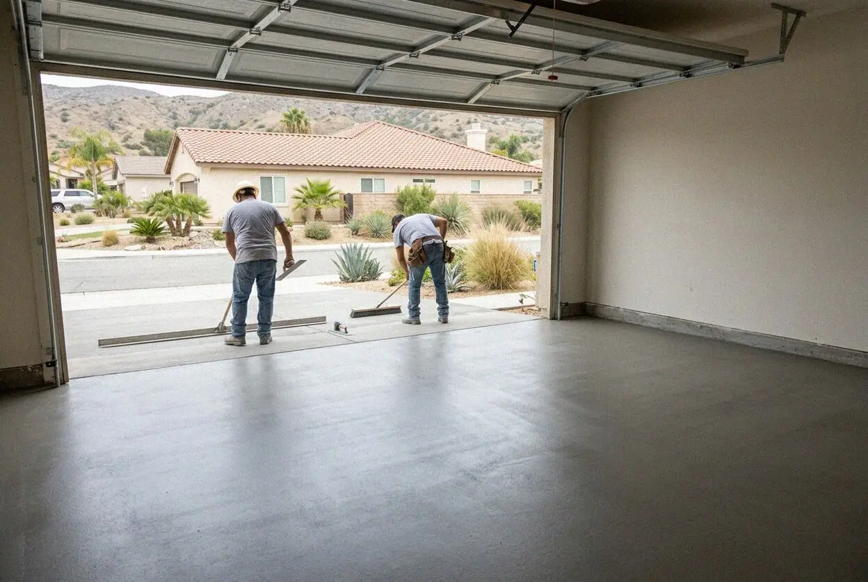 Crew screeding and troweling a concrete garage floor slab in Pomona
