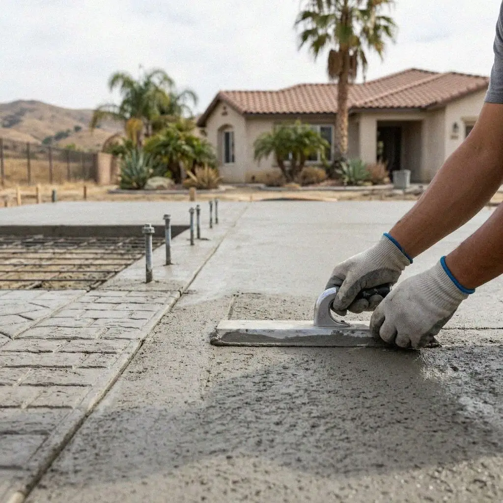 Finished monolithic slab foundation with anchor bolts on a Pomona lot