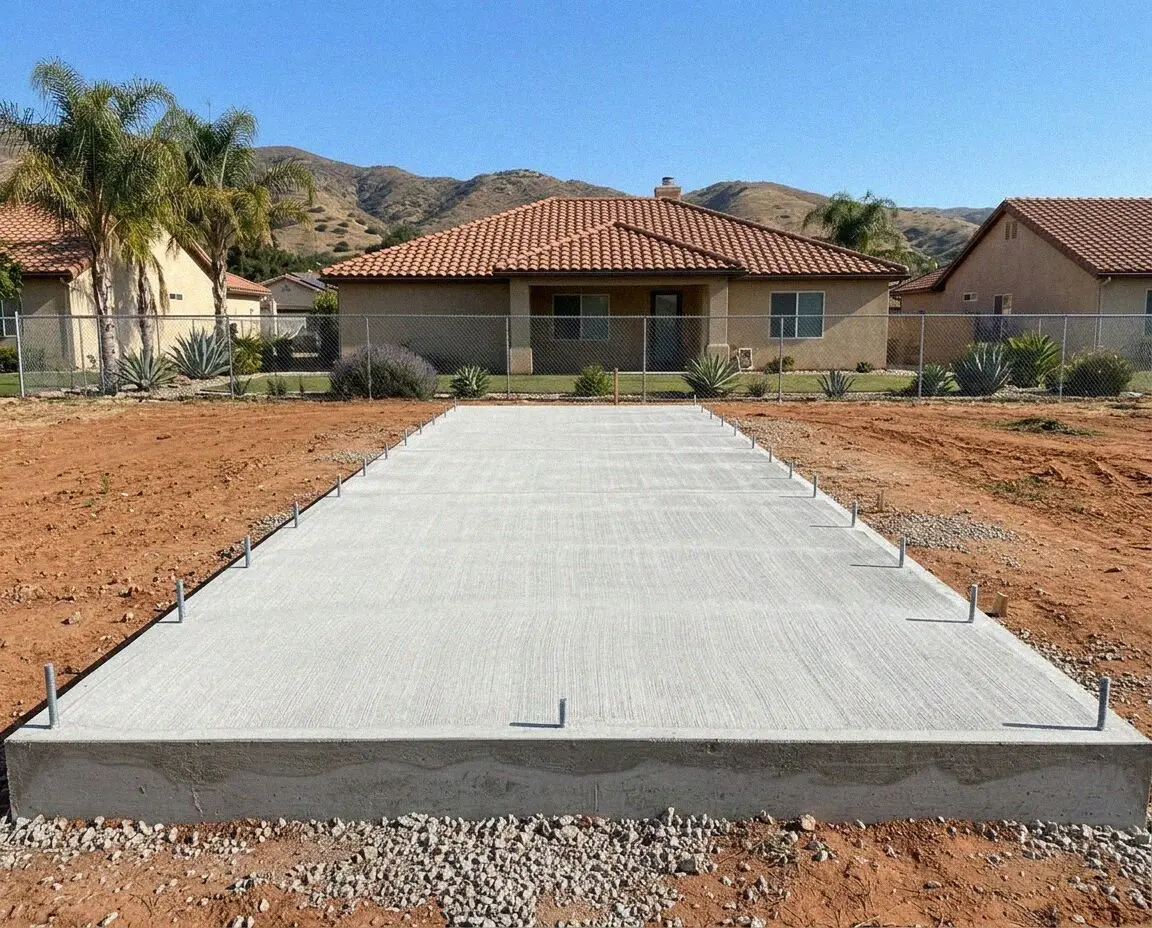 Poured slab foundation with steel rebar grid at a home in Pomona