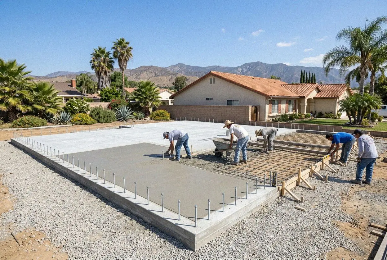 Formwork and vapor barrier ready for a slab foundation pour in Pomona