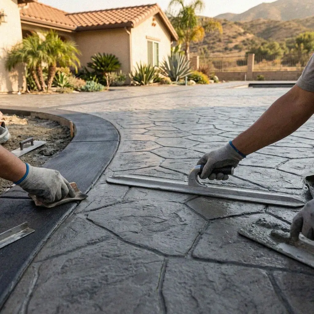 Freshly sealed stamped concrete walkway beside a ranch home in Pomona