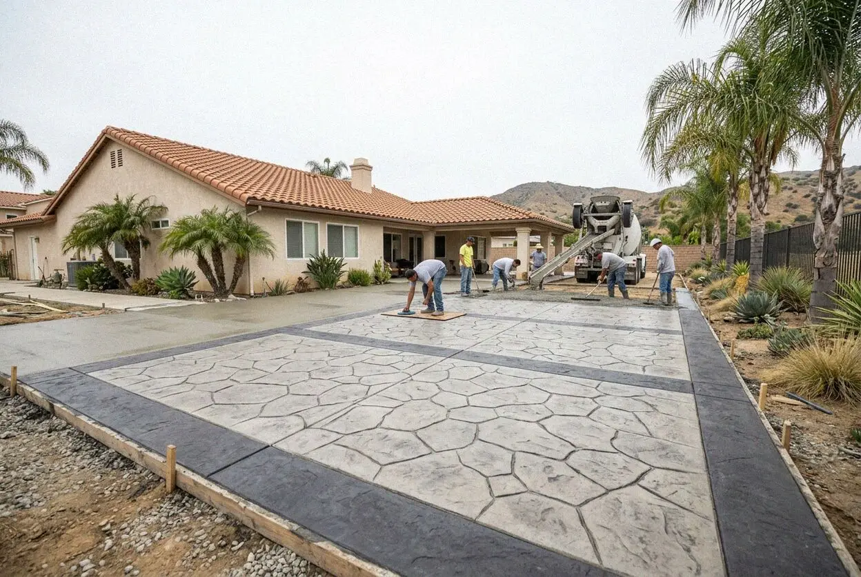 Finishing textured stamped concrete patterns on a patio slab in Pomona